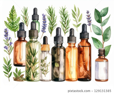 Watercolor Essential Oils Bottles with Herbs and Lavender on White Background 129131385