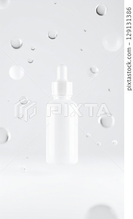 White Serum Bottle Surrounded by Water Droplets in Clean Studio Setting 129131386