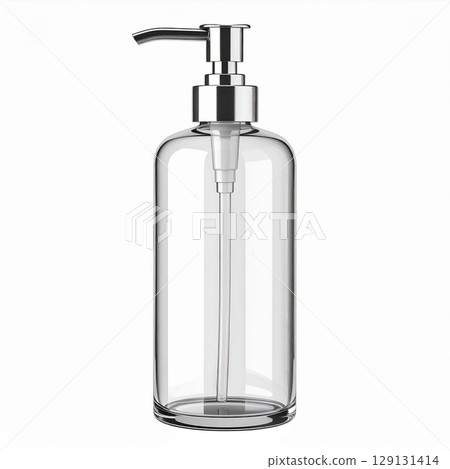 Clear Plastic Bottle with Silver Pump Dispenser on White Background Studio Shot Clear Plastic Bottle with Silver Pump Dispenser on White Background Studio Shot 129131414