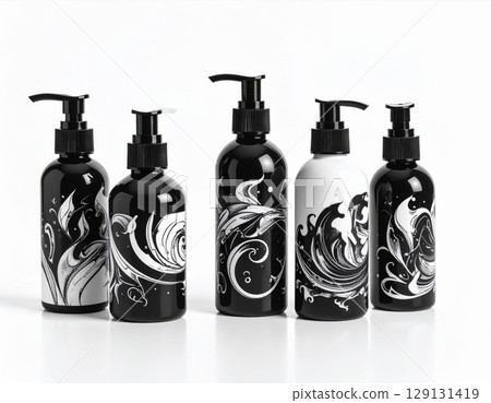 Assortment of Black and White Pump Bottles with Decorative Swirls on White 129131419