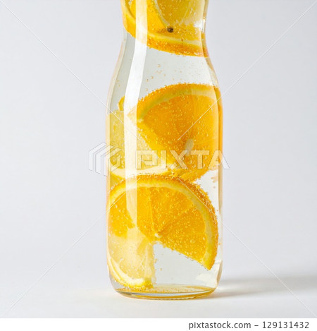 Clear Glass Bottle Filled with Fresh Orange and Lemon Slices on White Backdrop 129131432