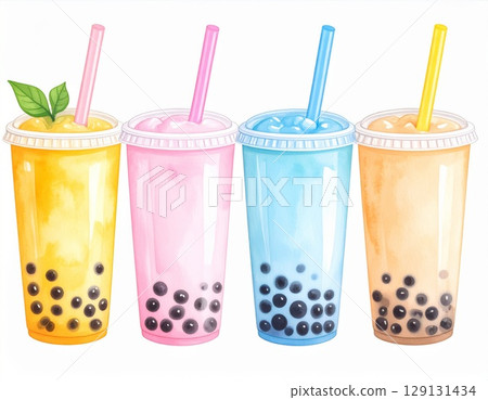 Four Cups of Bubble Tea with Tapioca Pearls in Pastel Colors Illustration Four Cups of Bubble Tea with Tapioca Pearls in Pastel Colors Illustration 129131434