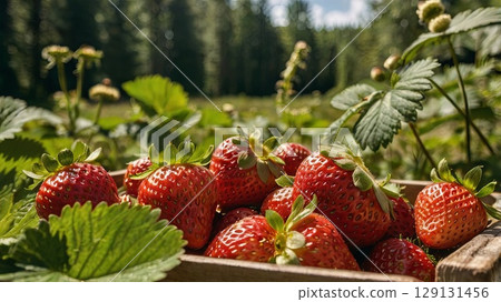 Close-up of ripe strawberries in a summer garden. Organic farming and the concept of fresh fruit with natural sunlight. Close-up of ripe strawberries in a summer garden. Organic farming and the concept of fresh fruit with natural sunlight. 129131456