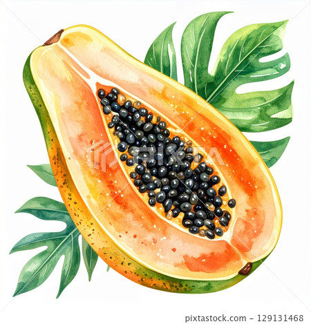 Vibrant Watercolor Illustration of Half Papaya with Seeds and Green Leaves 129131468