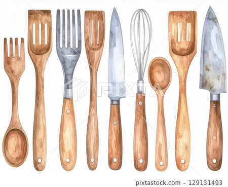 Watercolor Illustration Featuring an Assortment of Wooden Cooking Utensils Set on White 129131493
