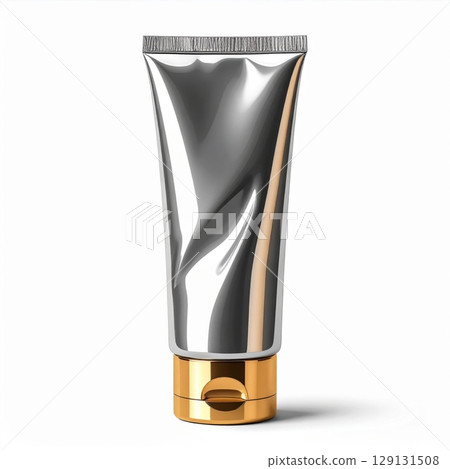 Silver Metallic Cosmetic Tube with Gold Cap on White Background for Mockup Design 129131508