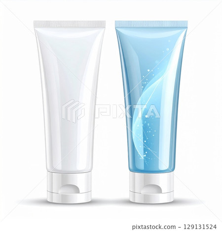 Two Squeeze Tubes in White and Blue Colors for Cosmetics Products Indoor Studio 129131524