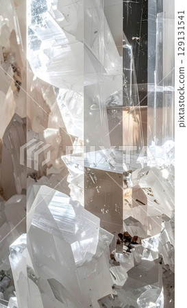 Close Up Shot of Raw White Quartz Crystals with Sharp Geometric Edges and Facets 129131541
