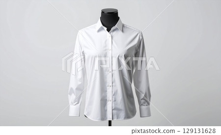 Classic White Button Down Shirt Displayed on a Mannequin in a Studio Setting Classic White Button Down Shirt Displayed on a Mannequin in a Studio Setting 129131628