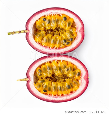 Halved Passion Fruit Displaying Yellow Pulp with Seeds on White Background 129131630
