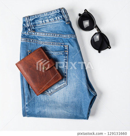 Light Blue Denim Jeans Brown Leather Wallet and Black Sunglasses on White Light Blue Denim Jeans Brown Leather Wallet and Black Sunglasses on White 129131660