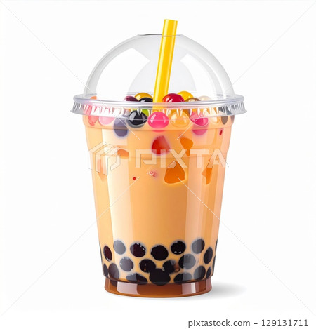 Refreshing Bubble Tea with Tapioca Pearls and Colorful Toppings on White Backdrop 129131711