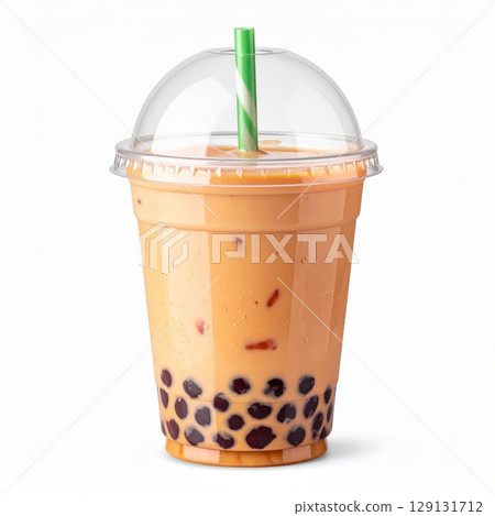 Iced Boba Tea in a Clear Plastic Cup with Tapioca Pearls and a Green Striped Straw 129131712