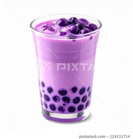 Purple Boba Tea with Tapioca Pearls in a Clear Cup on White Background 129131714
