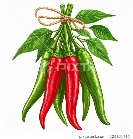 Vibrant Bunch of Red and Green Chili Peppers Tied with Twine Isolated 129131715
