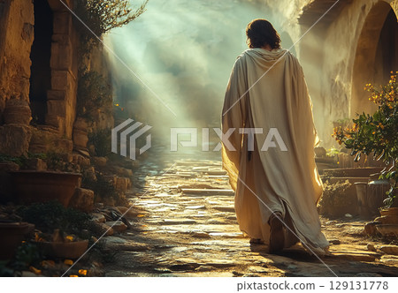 Jesus Christ walking into the light in a white robe and sandals Jesus Christ walking into the light in a white robe and sandals 129131778