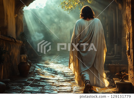 Jesus Christ walking into the light in a white robe and sandals Jesus Christ walking into the light in a white robe and sandals 129131779