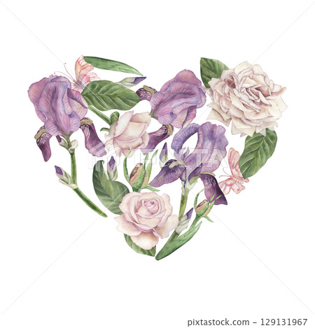 A heart-shaped composition of purple irises and pink roses. The watercolor illustration is hand-drawn in a botanical style, in pastel colors. For postcards, wedding invitations, packaging A heart-shaped composition of purple irises and pink roses. The watercolor illustration is hand-drawn in a botanical style, in pastel colors. For postcards, wedding invitations, packaging 129131967
