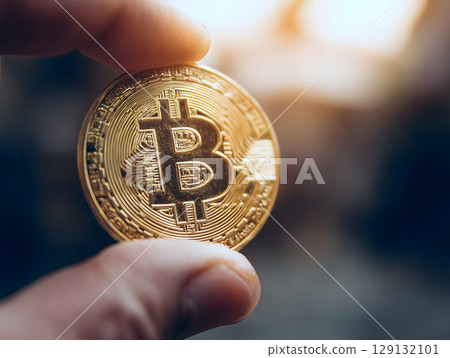 A golden Bitcoin coin held in a fingertip, symbolizing cryptocurrency 129132101