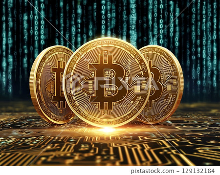 虛擬貨幣比特幣的未來形象。數位數據與區塊鏈技術的融合。 129132184