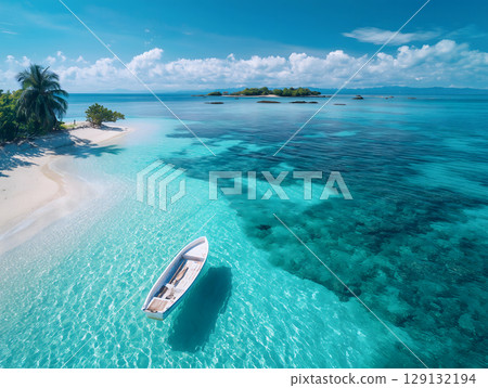 一艘船漂浮在碧藍的海和白色的沙灘上 129132194