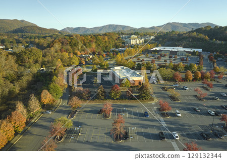 Aerial view of many colorful cars parked on parking lot with lines and markings for parking places and directions. Place for vehicles in front of a strip mall plaza 129132344