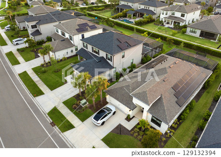 Aerial view of expensive residential houses in small town in southwest Florida. American dream homes as example of real estate development in US suburbs 129132394