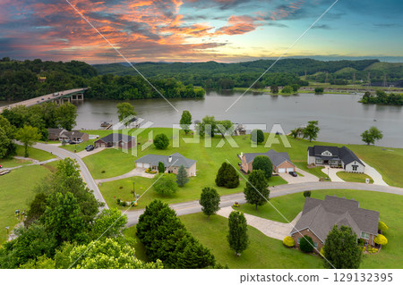 Aerial view of expensive residential houses in small town in rural Tennessee. American dream homes as example of real estate development in US suburbs 129132395