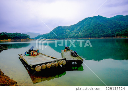 Serene Thousand Island Lake with Boats in Shiding New Taipei City Taiwan. Serene Thousand Island Lake with Boats in Shiding New Taipei City Taiwan. 129132524