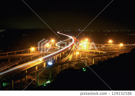 Night Traffic Lights at Qing Interchange in Taichung Taiwan. 129132586