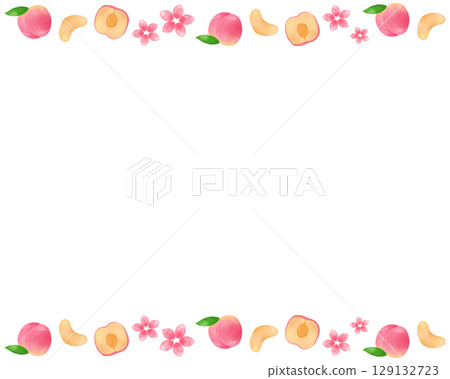 Watercolor peach frame illustration. Pink and cute fruit design for adults. Recommended for flyers, social media, and banners. 129132723