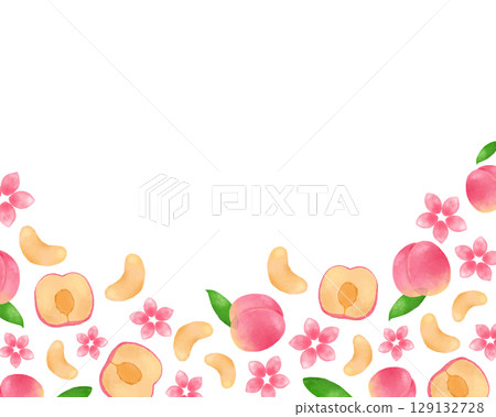 水彩桃框插畫。粉紅色可愛的成人水果圖案。推薦用於傳單、社交媒體和橫幅。 129132728