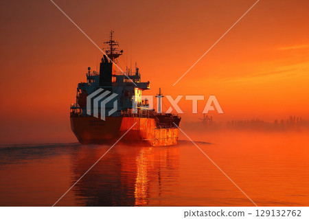 Large oil tanker sailing in sea at sunset 129132762