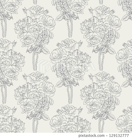 Vintage line art black monochrome rose bouquets and bow knots seamless pattern with white backdrop 129132777