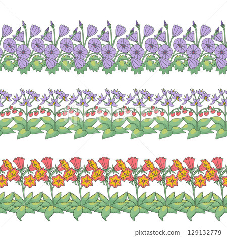 Set of stripe patterns with line art canary islands flowers. Floral horizontal seamless borders bundle 129132779