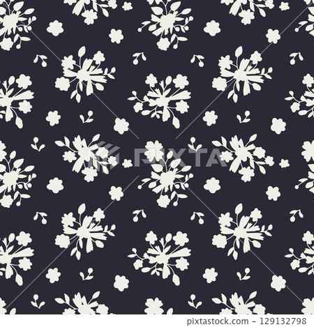 Monochrome ditsy floral seamless pattern on black background. Hand drawn vintage backdrop with tiny flower bouquet silhouettes. Cottagecore texture 129132798