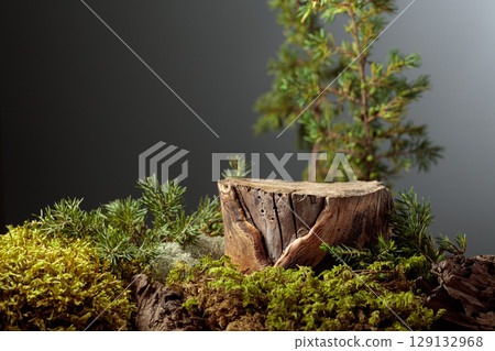 Composition with natural wood, moss and juniper branches. Composition with natural wood, moss and juniper branches. 129132968