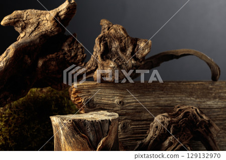 Composition with natural wooden snags and dry stump for advertising eco products. Composition with natural wooden snags and dry stump for advertising eco products. 129132970