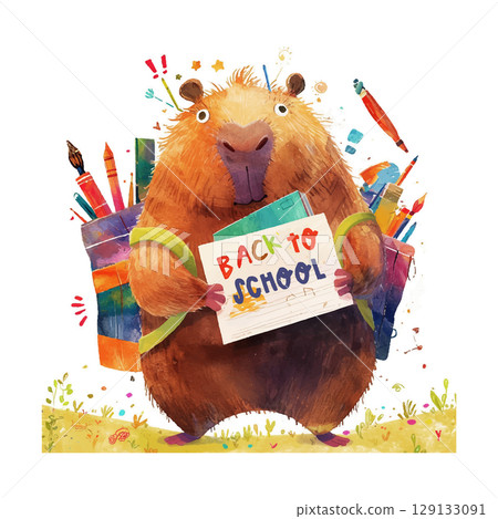 Capybara prepares for back to school season with colorful supplies and cheerful enthusiasm Capybara prepares for back to school season with colorful supplies and cheerful enthusiasm 129133091