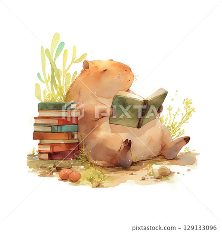 Capybara enjoys a peaceful afternoon reading among a stack of books in a serene natural setting Capybara enjoys a peaceful afternoon reading among a stack of books in a serene natural setting 129133096