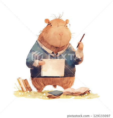 Capybara in a sweater holding a pencil while standing in a grassy area surrounded by books and notepads 129133097