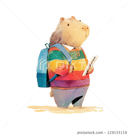 Capybara with backpack enjoys a book while standing on the sandy beach during golden hour 129133119