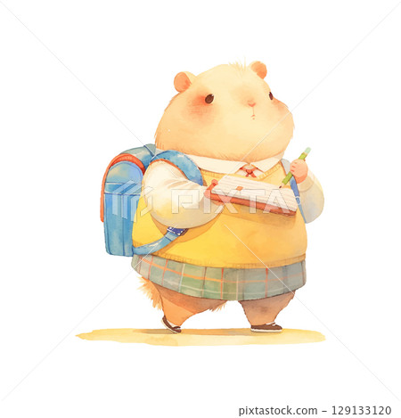 Capybara with backpack enjoys a book while standing on the sandy beach during golden hour 129133120