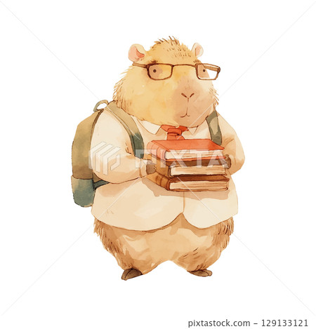 Capybara carrying books in a cozy setting with a backpack during autumn 129133121