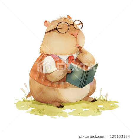 Happy chubby animal reads a book in a peaceful meadow while enjoying a sunny day Happy chubby animal reads a book in a peaceful meadow while enjoying a sunny day 129133134