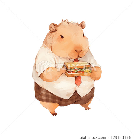 Capybara student enjoying a sandwich after school with a backpack in hand Capybara student enjoying a sandwich after school with a backpack in hand 129133136