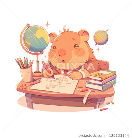 Capybara studying at desk with globe and books in a cozy room during the afternoon Capybara studying at desk with globe and books in a cozy room during the afternoon 129133144