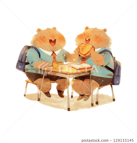 Two cheerful bears share a meal at a school desk, enjoying lunch during a joyful moment of friendship Two cheerful bears share a meal at a school desk, enjoying lunch during a joyful moment of friendship 129133145