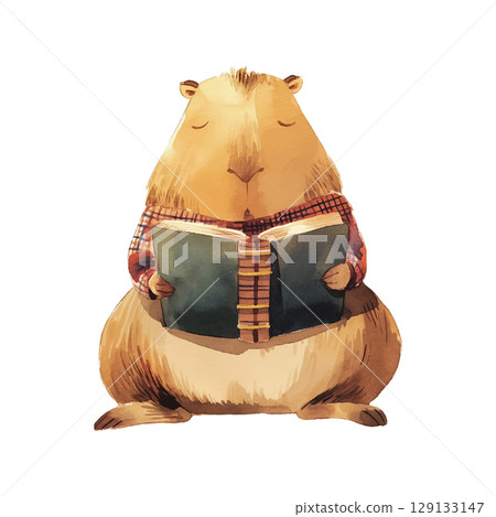 Capybara reading a book in cozy setting with a warm expression and casual attire 129133147