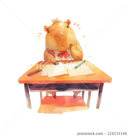 Capybara sitting at a desk with school supplies thinking thoughtfully during class 129133148